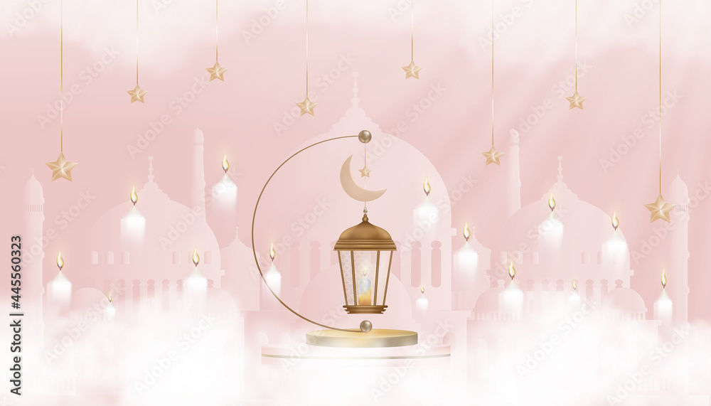 Eid Mubarak card Traditional Islamic lantern,Crescent moon and Star on pink background,Vector background for Islamic religions,Ramadan Kareem,Eid al fitr,Eid al Adha,Happy Muharram,Islamic new year - obrazy, fototapety, plakaty 
