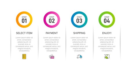 Concept of shopping process with 4 successive steps. Four colorful graphic elements. Timeline design for brochure, presentation, web site. Infographic design layout.