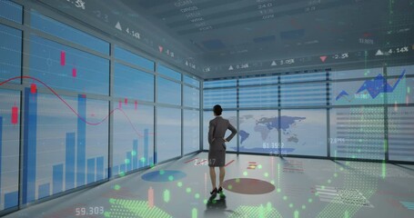 Poster - Animation of statistics and financial data processing over businesswoman in office