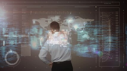 Poster - Animation of businessman touching screen with world map and data processing