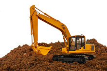 Excavator Loader Is Digging In The Construction Site Work  Isolated On White Background