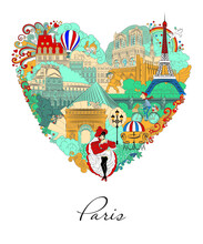 Paris, France, Vector Illustration, Postcard. Traveling To Paris Is A Modern Graphic Design Element With French Landmarks.