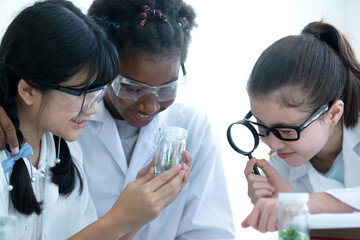 multi-ethnic student, african mixed-race and asian are doing a scientific experiment in the laborato