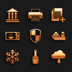 Sticker - Set Shield, Paint brush, Cloud download, Cargo ship, Snowflake and Microwave oven icon. Vector