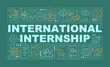 © bsd studio - International internship word concepts banner. Interning overseas. Infographics with linear icons on green background. Isolated creative typography. Vector outline color illustration with text