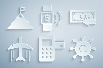 Sticker - Set Pos terminal, Cash back, Plane, Copywriting network, Contactless payment and Mountains and flag icon. Vector