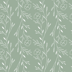 Wall Mural - Seamless botanical pattern with flower and leaves. Hand drawn lines. Vector background.