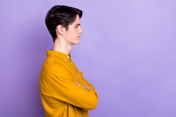 Sticker - Profile side photo of young handsome business man folded hands look empty space isolated over violet color background