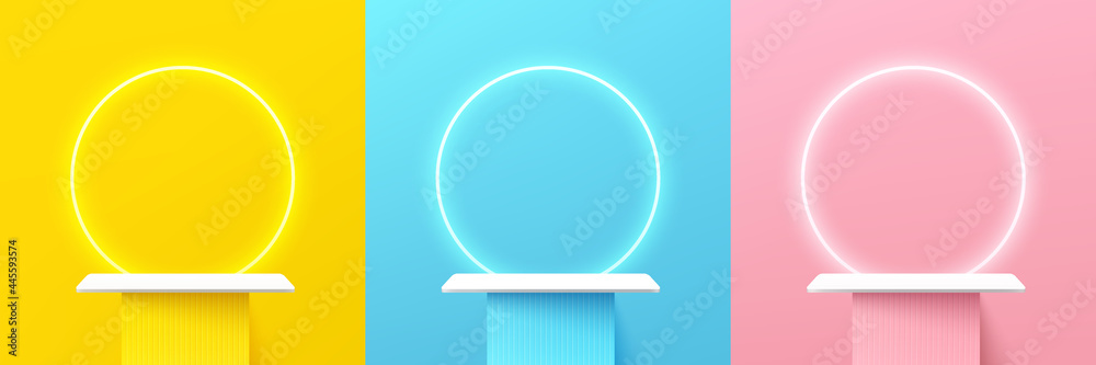 Set of abstract 3d shelf or white stand podium on yellow, blue, pink wall scene pastel color with neon ring background. Vector rendering geometric shape for cosmetic product display presentation. - obrazy, fototapety, plakaty 