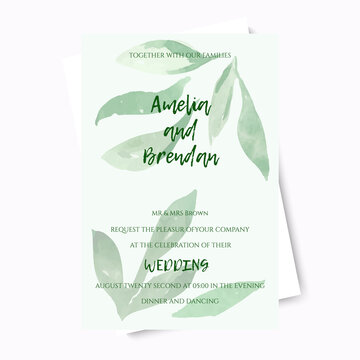 Wedding invitation in pastel green colors. Leaves in pastel greens. Vector illustration of a template for printing on a wedding, poster. 
