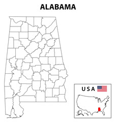 Sticker - Alabama Map. State and district map of Alabama. Administrative and political map of Alabama with outline and black and white design.