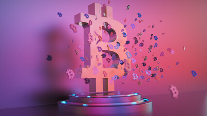 Sticker - 3D rendering of small icons surrounding a shiny bitcoin trophy isolated on purple background