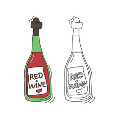 Red wine on white background. Two kinds beverage. Cartoon sketch graphic design. Doodle style with black contour line. Colored hand drawn bottle. Party drinks concept. Freehand drawing style