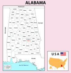 Poster - Alabama Map. State and district map of Alabama. Administrative and political map of Alabama with neighboring countries and border in white color.