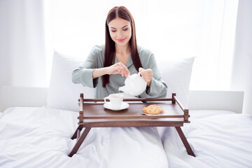 Sticker - Photo of adorable sweet young woman gray nightwear smiling lying bed pouring tea indoors house home room