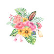 A tropical composition with peonies, sunflowers, palm leaves, twigs with berries, a ribbon and a tag, ideal for printing on paper, decor or individual decor items.