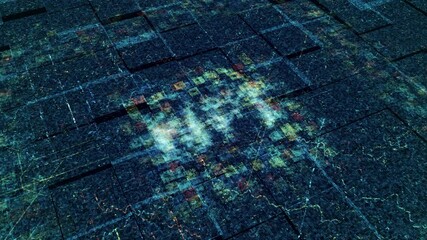 Poster - NFT currency. Animation. Cryptocurrency of future in cyberspace. Glowing electronic particles form NFT inscription on neon cyber field