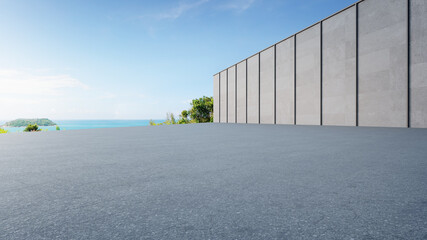 Wall Mural - Empty asphalt floor and gray wall. 3d rendering of sea view plaza with clear sky background.