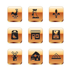 Poster - Set Rooster weather vane, Windmill, Cheese, Coffee shop, Croissant package, Fleur De Lys, Louvre museum and French rooster icon. Vector