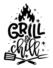 Grill And Chill - Label. Barbeque Elements For Labels, Logos, Badges, Stickers Or Icons. Vector Illustration, Healthy Food Packaging Design. Good For Business Company For Kitchen, Pub, Restaurant.