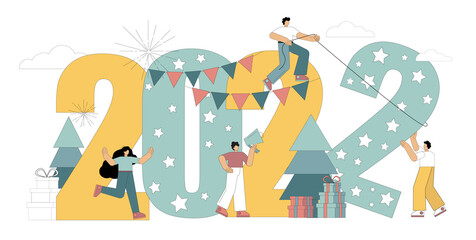 Happy New Year 2022. Flat people are preparing for the holiday, set the number 2. Vector illustration on a white background