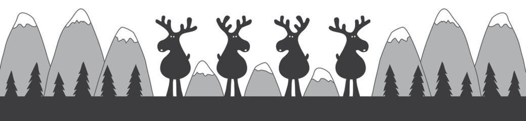 Rentiere Gruppe Weihnachten Banner Silhouette in schwarz weiß grau mit Schnee, Berge und Wald Landschaft als Hintergrund Vektor Illustration 