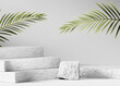 Leinwandbild Motiv 3D background, stone podium display. Green tropical palm. Cosmetics, beauty product promotion white pedestal.  Natural  shadow, rough grey rock showcase. Abstract minimal studio 3D render 