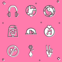 Sticker - Set Headphones, The heart world - love, Yin Yang symbol, Hippie girl, Tourist tent, Vinyl disk, No war and Flower vase icon. Vector