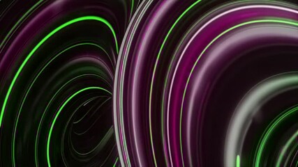 Poster - Twisted fluorescent running laser beams on black background, seamless loop. Animation. Colorful bending neon stripes.