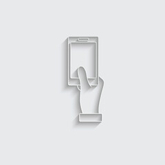 Poster - paper Mobile phone in hand  - black vector icon