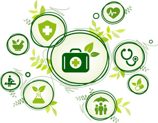 Alternative, natural or herbal medicine vector illustration. Green concept with icons related to natural medical therapy, herbal remedy or healing, organic therapeutics, ecological ingredients.