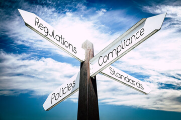 Wall Mural - Regulations, compliance, policies, standards concept - signpost with four arrows