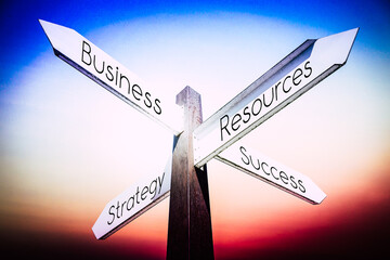 Wall Mural - Business, strategy, resources, success concept - signpost with four arrows