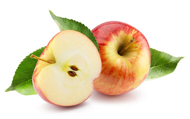 red apple with half of apple and green leaves isolated on a white background