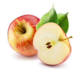 Poster - red apple with half of apple and green leaves isolated on a white background