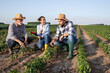 © Budimir Jevtic - Two farmers and insurance sales rep crouching in pepper field talking.