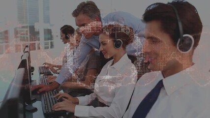Poster - Animation of human brain over business people wearing phone headsets