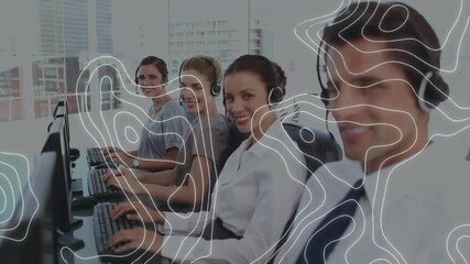 Poster - Animation of white map lines over business people using phone headsets