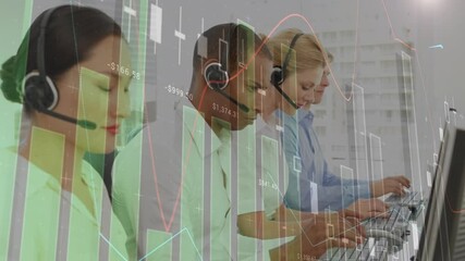 Canvas Print - Animation of statistics and data processing over business people wearing phone headsets