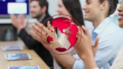 Poster - Animation of red globe over diverse colleagues clapping at office meeting