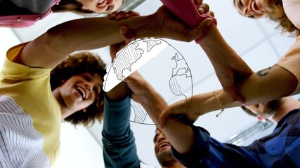 Poster - Animation of globe over business colleagues stacking hands