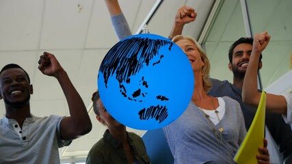 Poster - Animation of globe over business colleagues smiling and cheering