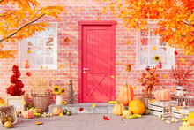 Red Front Door With Autumn Seasonal Decorations, Pumpkins And Falling Leaves. Thanksgiving Day Colorful Background 3d Render 3d Illustration