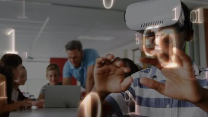 Poster - Animation of binary coding processing over schoolboy using vr headset
