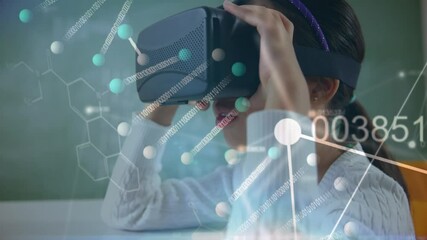 Poster - Animation of dna strand, numbers and network of connections over schoolgirl using vr headset