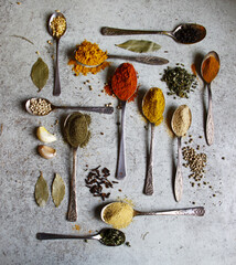 Canvas Print - Top view of various spices in metal spoons with gray marble background.