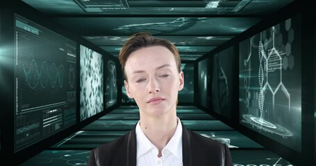Poster - Animation of businesswoman over screens with medical data processing