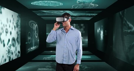 Poster - Animation of businessman wearing vr headset over screens with medical data processing