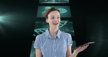 Sticker - Animation of businesswoman using tablet over screens with medical data processing