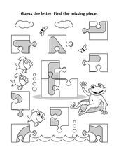 Learn Alphabet Coloring Page With Letter F Jigsaw Puzzle, Fish And Frog. Guess The Letter. Find The Missing Piece. Activity Page For Kids, Or Young ESL Students.
